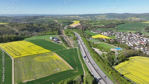 Idstein, Germany - April 23, 2026: Aerial view of dense traffic on German highway A3 between Bad Camberg and Idstein.