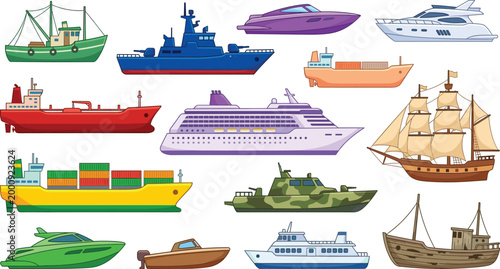 Various ships and boats collection, sea vessels set including cruise ship, cargo boat and yacht, cad drawing flat vector illustration