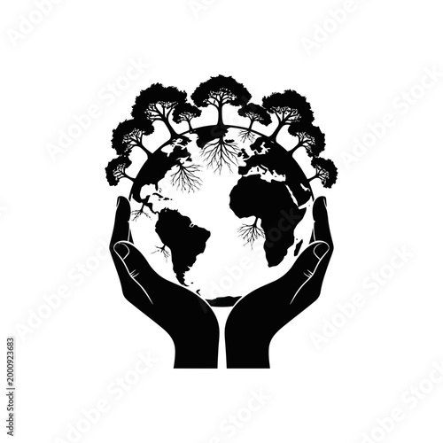Human hands holding earth globe with growing trees for environmental protection and nature conservation silhouette