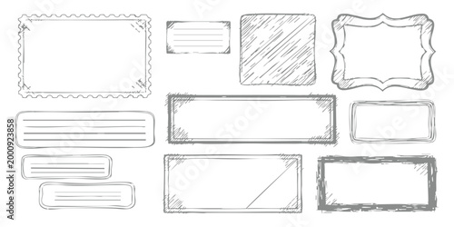 Set of hand drawn sketch frames and borders for labels and text placeholders in a vintage artistic style