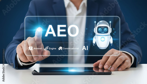 Plakat Businessman Using Tablet With AEO Answer Engine Optimization AI Interface