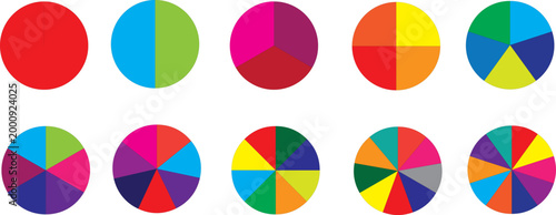 Pie chart color icons. Segment slice sign. Circle section graph. 1,2,3,4,5,6,7,8,9,10, segment infographic. Pie chart set. Wheel round diagram part symbol. Three phase, six circular cycle.