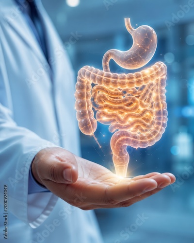 Healthcare concept image showing a doctor’s open hand presenting a floating holographic digestive system. AI generative
