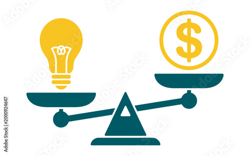 Fotografie Balanced Scale, lightbulb and dollar sign on weighing scale representing innovat