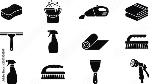 Cleaning service tools set, housekeeping equipment icons, and janitorial supplies silhouette collection vector illustration