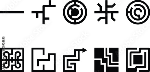 Eine Sammlung von zehn abstrakten, geometrischen Labyrinth- und Pfadmuster-Symbolen in Schwarz auf Weiß, die verschiedene Formen und Komplexitäten zeigen.