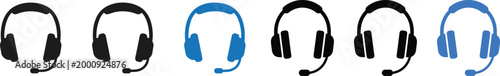 Six headsets in various color combinations on a white background