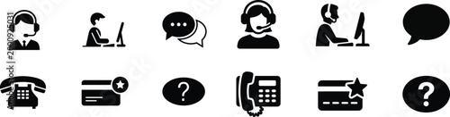 Black communication icons set support calls and assistance