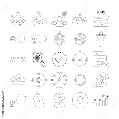 marketing and audience engagement line icons set