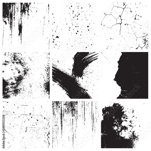 Grunge texture set black ink splatter brush strokes cracked paint abstract collection