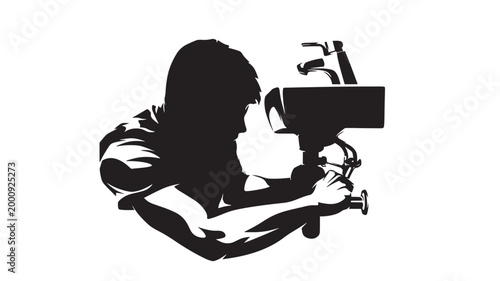 Camera silhouette portrait of a photographer holding a large lens and aiming toward the scene in minimal vector style