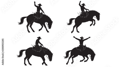 Horse rider cowboy silhouette set with black western cowboy hats and raised arms poses featuring silhouettes, hat, lasso with riding and wild west