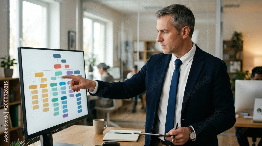 Fototapeta premium A middle-aged businessman in a suit pointing at a colorful project management chart on a computer screen in a modern office.