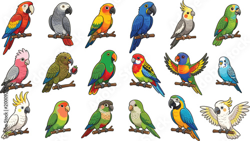 Colorful parrot species collection with macaw, cockatoo, budgie, and lovebird for tropical bird vector illustration