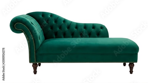 A luxurious green velvet chaise longue with tufted backrest and wooden legs on a white background