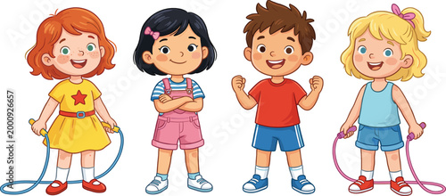 Happy Diverse Children Playing with Jump Ropes CAD Drawing Flat Vector Illustration Set