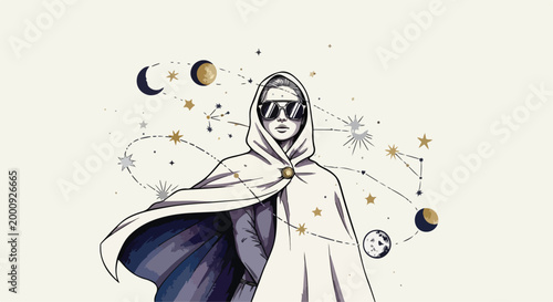 Mysterious Figure in White Hooded Cloak with Sunglasses and Celestial Elements Vector