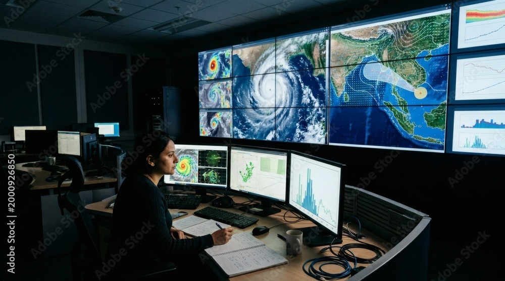Obraz premium A meteorologist analyzing weather patterns on multiple computer screens in a dark control room