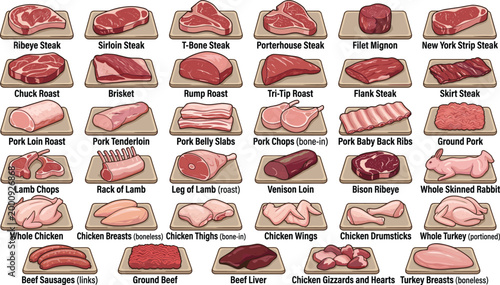 Collection of various meat cuts including beef, pork, poultry, lamb and game, vector illustration isolated on white background