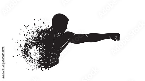 Silhouette boxer punching forward with splattered impact shards, dynamic sports fight poster graphic background