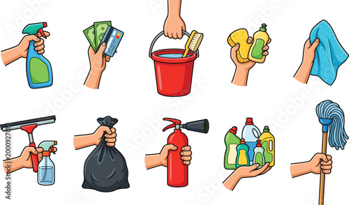 Hands holding professional cleaning supplies and equipment set, flat vector illustration, CAD drawing style, isolated background