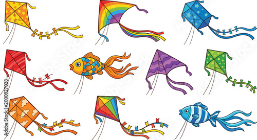 Flying Kites and Fish Shaped Kite Collection CAD Drawing Flat Vector Illustration Set