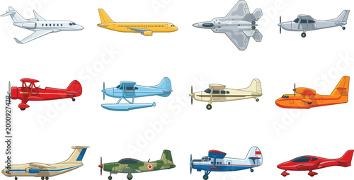 Aircraft and airplane collection set, commercial jets, fighter planes, seaplanes, and biplanes flat vector illustration