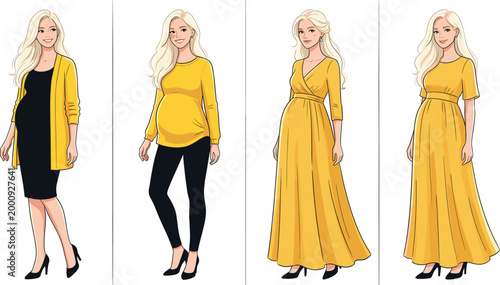 Beautiful Pregnant Woman Wearing Yellow Maternity Outfits and Fashion Dresses CAD Drawing Flat Vector Illustration