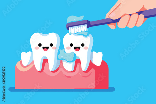 Cheerful Teeth Cleaning: A playful illustration of smiling teeth happily undergoing a thorough brushing routine, highlighting dental health and hygiene.