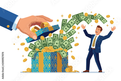 Cash Reward Surprise: An illustration captures the moment a delighted recipient celebrates a windfall of money pouring out of a gift box, symbolizing financial gains and unexpected rewards.