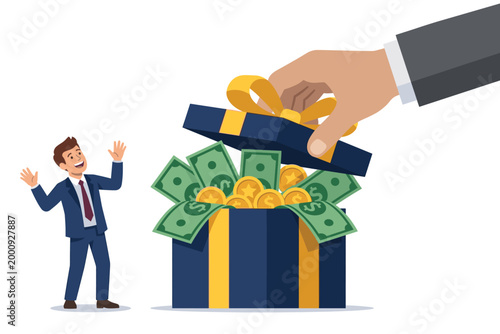 Unexpected Riches: A surprised individual gazes in astonishment as a large hand reveals a treasure chest overflowing with money and gold, symbolizing a delightful financial surprise.