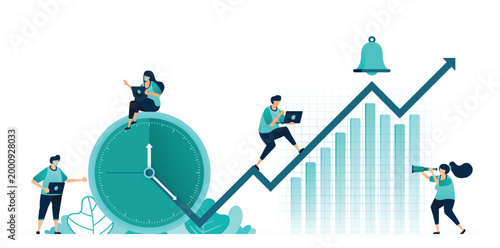 Business people work diligently on clock and graph with rising arrow