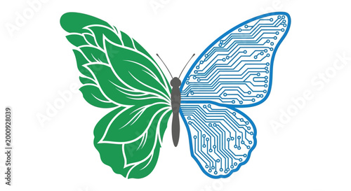 Butterfly with one organic wing and one digital wing, symbolizing nature and technology