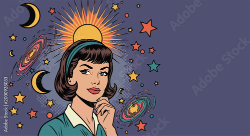 Pop Art Woman Thinking with Sun Moon Stars and Galaxies Vector