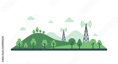 Quadro su tela Green hills with communication towers and trees, flat design illustration