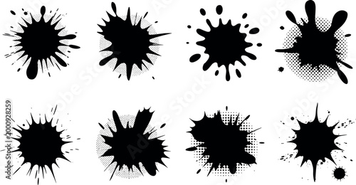 hand-drawn black ink splatter explosions set on white background for creative design