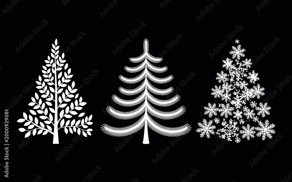 Obraz premium Three illuminated Christmas trees with sparkling white lights against black background, festive holiday decoration concept