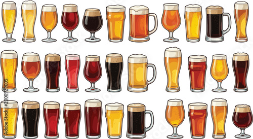 Beer glasses collection with diverse craft ale, lager, stout, and pilsner in flat vector illustration style