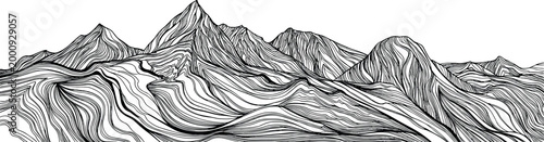 minimalist black and white mountain range sketch with soft shading and serene landscape