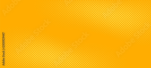 Yellow halftone pattern. Retro comic gradient background. Bright orange pixelated dotted texture overlay. Cartoon pop art faded gradient pattern. Vector backdrop for poster, banner, advertisement