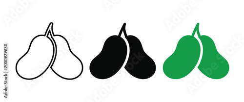 Vector illustration of pears in black outline, solid black, and green