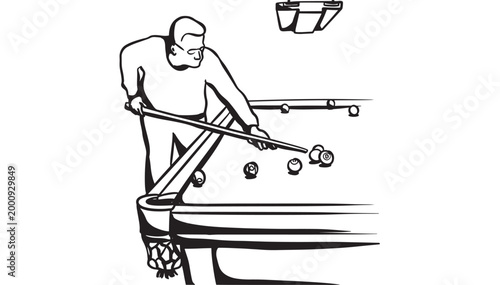Man playing billiards at a pool table with cue stick and balls in a line drawing style featuring striker, pocket, game with sport and leisure