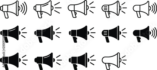 A set of various megaphone icons in black and white