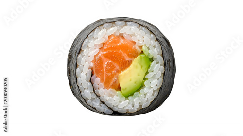 Close up of a salmon avocado maki roll on a black background