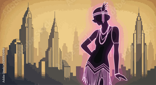Art Deco Flapper Woman Silhouette with 1920s City Skyline Vector Illustration