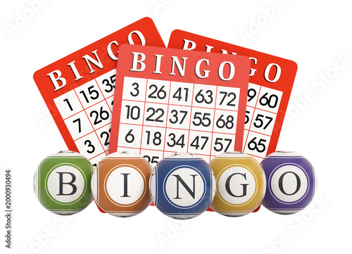 Bingo balls and cards isolated on transparent background. 3D illustration