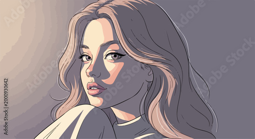 Vector illustration of a young woman with long blonde hair looking over her shoulder