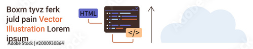 Cloud computing, programming, web development, coding, software technology, digital infrastructure. A code window with HTML and programming elements near a cloud symbol. Cloud computing