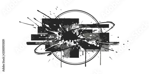 Abstract black ink splash design with geometric rectangles and circular lines for creative graphic art project