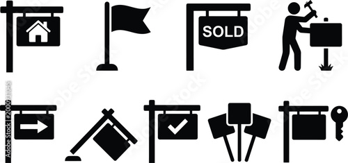 Slika na platnu Real estate signage icons set, black silhouette property for sale and sold signs